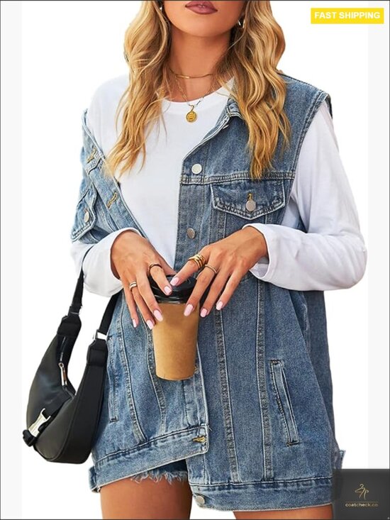 Jackets & Blazers - Oversized Mid Long Denim Vest Button Down Sleeveless Jean Waistcoat Classic